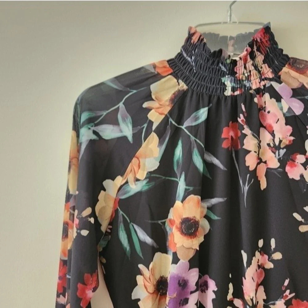 Yumi Kim Class Act Long Sleeve Floral Mock Neck Ruffle Mini Dress Black XS NWT - Picture 10 of 15